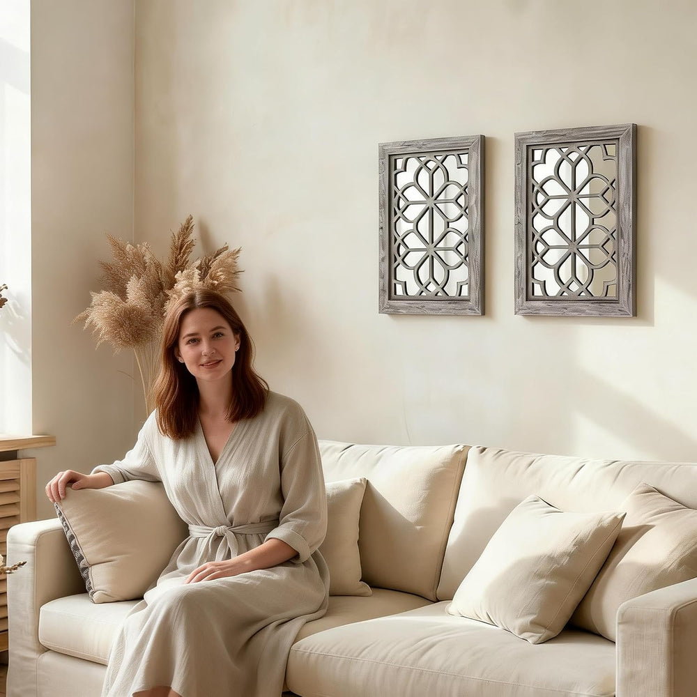 Set of 2 11x15 Inch Rectangular Shatterproof Brown Decorative Wall Mirrors, B...