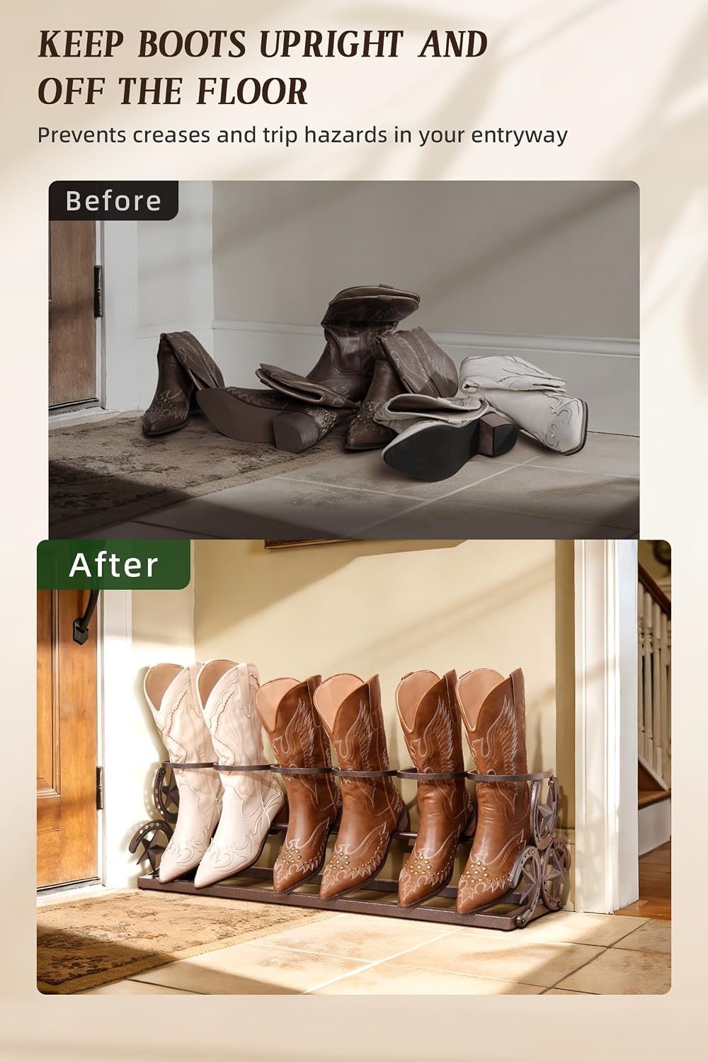 Western Horseshoe Boot Rack, 3 Pairs Freestanding Metal Boot Stand, Bronze | ...