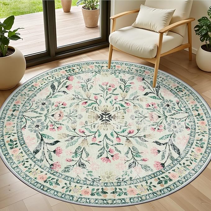Round Area Rug for Living Room: 4 ft Floral Washable Circle Rug Soft Non-Slip by PLHXFRSoftAreaRugs