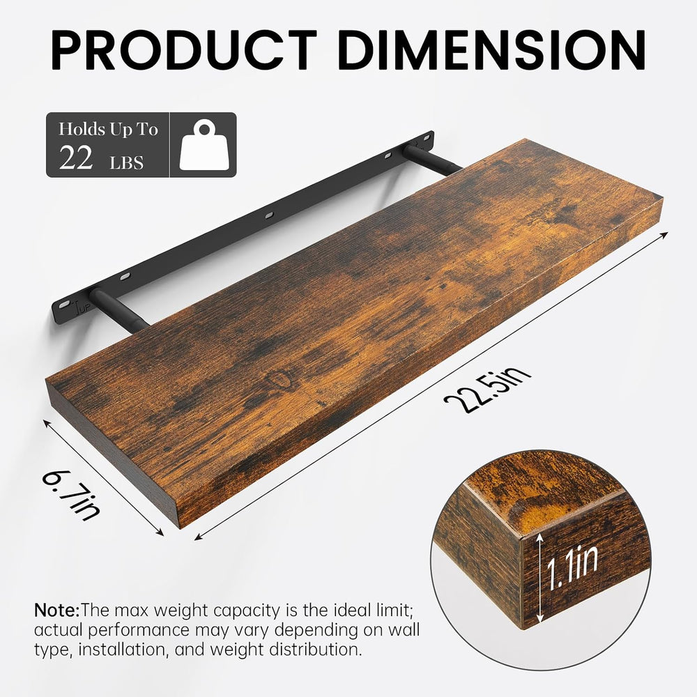 BAYKA Rustic Brown Floating Shelves 22.5in, Set of 2, Wall Mount Wood Shelf