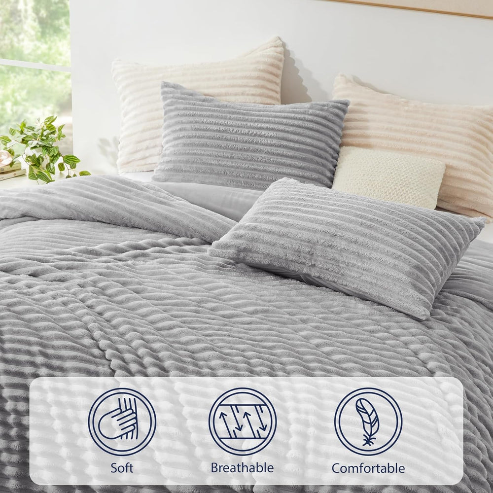 EXQ Home Fluffy Comforter Set Queen Size,3 Pieces Bed Set,Light Gray
