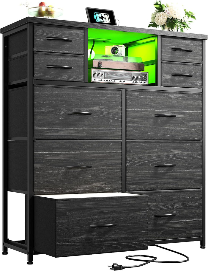 10-Drawer Tall Dresser for Bedroom, LED & Charging Station, Black