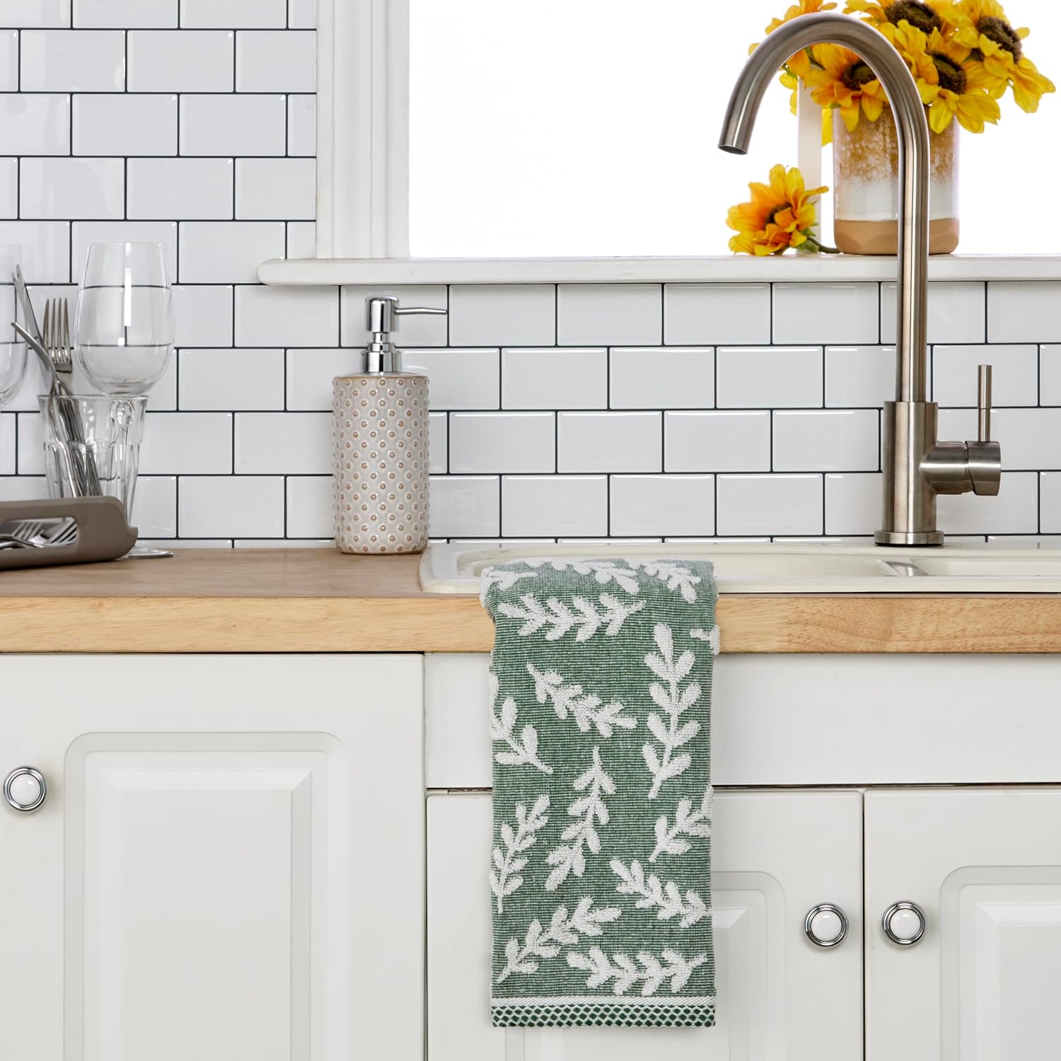 SKL Home Leaf Sprig Hand Towel Set-2pc, 100% Cotton, Reversible, Spruce | Soft & absorbent jacquard. For use in the bathroom, kitchen, or bar & makes a great gift.