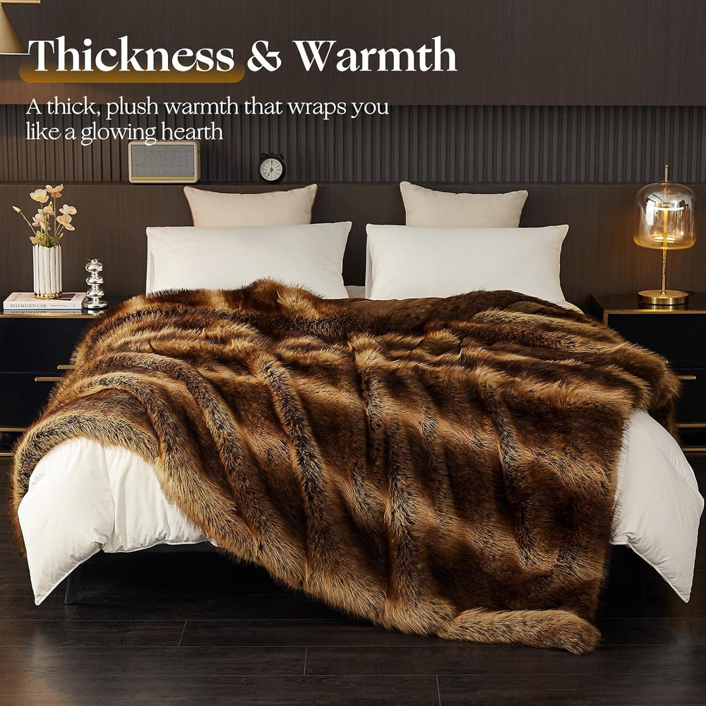 Fluffy Faux Fur Throw Blanket - Thick Warm Blanket 60"x80", Brown