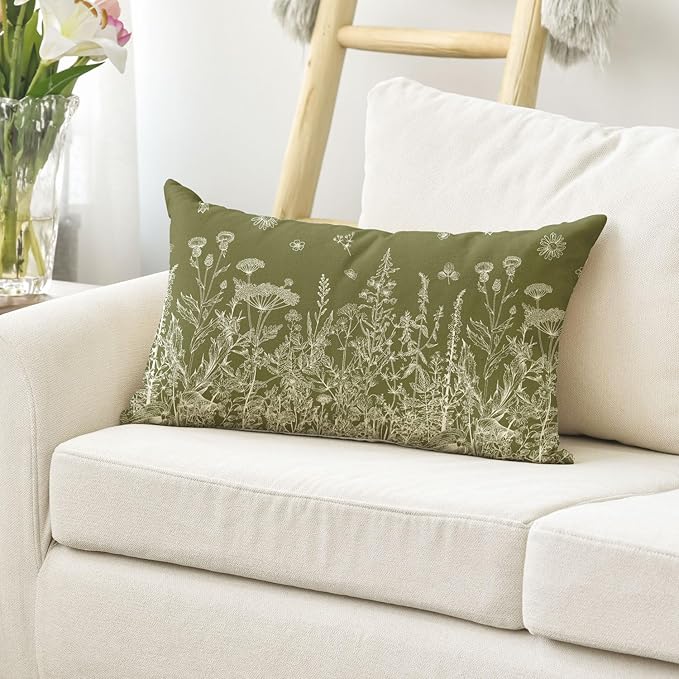 AVOIN colorlife Wildflowers Spring Moss Green Throw Pillow Cover, 12 x 20 Inch - Image 3