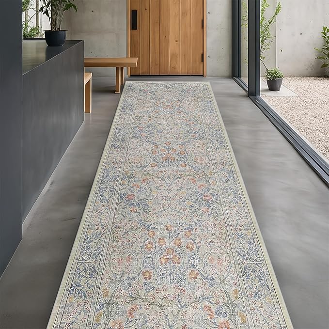 Vintage Beige Blue 3x12 Runner Rug by HazoHaus