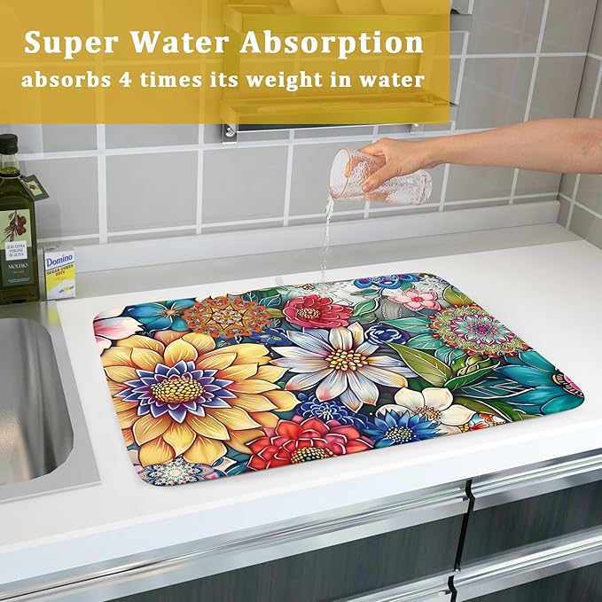 Boho Floral Dish Drying Mat for Kitchen Counter 16x18 Inch Boho Blooming Flower - Image 7