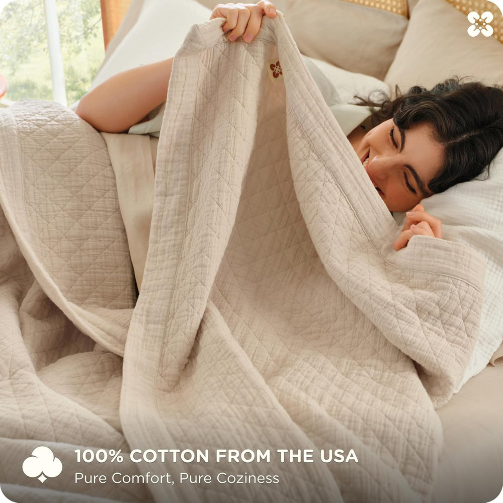 Bedsure PureWoven 100% Cotton Muslin Blanket 8-Layer, Queen, Linen Beige