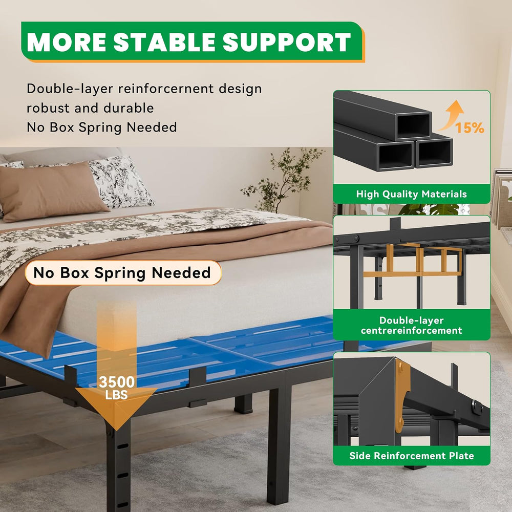 18 Inch Bed Frame Queen Size Heavy Duty, Upgrade Metal Platform Black