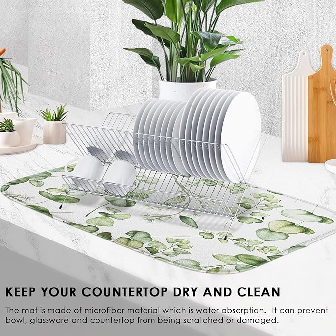 Sanwarm Absorbent Dish Drying Mat, Vintage Summer Eucalyptus Leaves Flower - Image 4