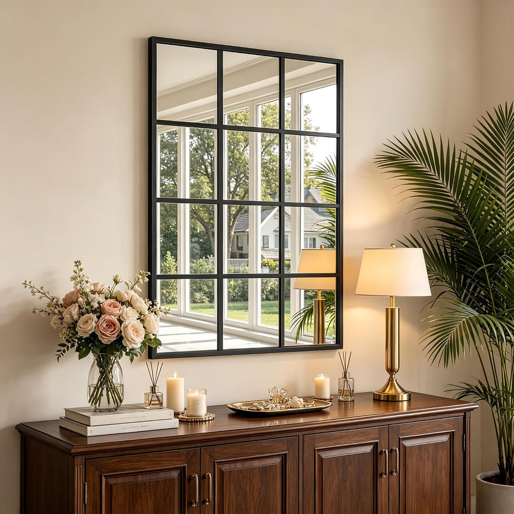 Dewfig Rectangle Wall Mirror, 47"x30" Metal Frame Windowpane Mirror...