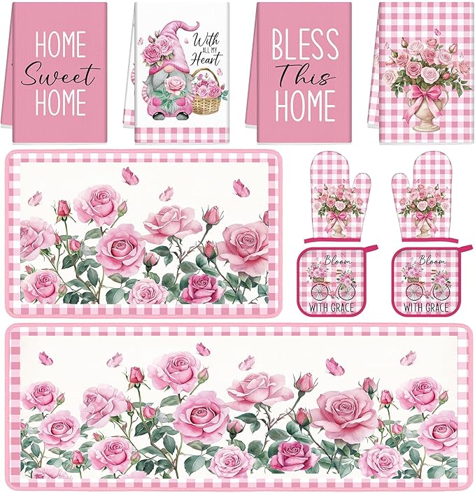 Fourluoo 10 Pcs Pink Rose Kitchen Decor Set Towels and Rugs Oven Mitts and Pot by Fourluoo