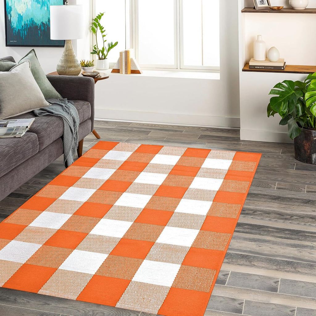 Buffalo Plaid Rug 28 x 43 Inches Fall Outdoor Front Door Decor Mat, Cotton Washable Hand-Woven Rug for Layered Doormat, Autumn Halloween Thanksgiving Carpet for Porch (Orange and White Plaid)