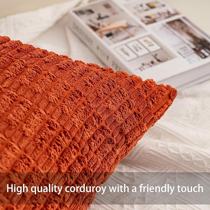 Pack of 2 Corduroy Decorative Throw Pillow Covers 18x18 Inch Fall Soft Striped - Image 2