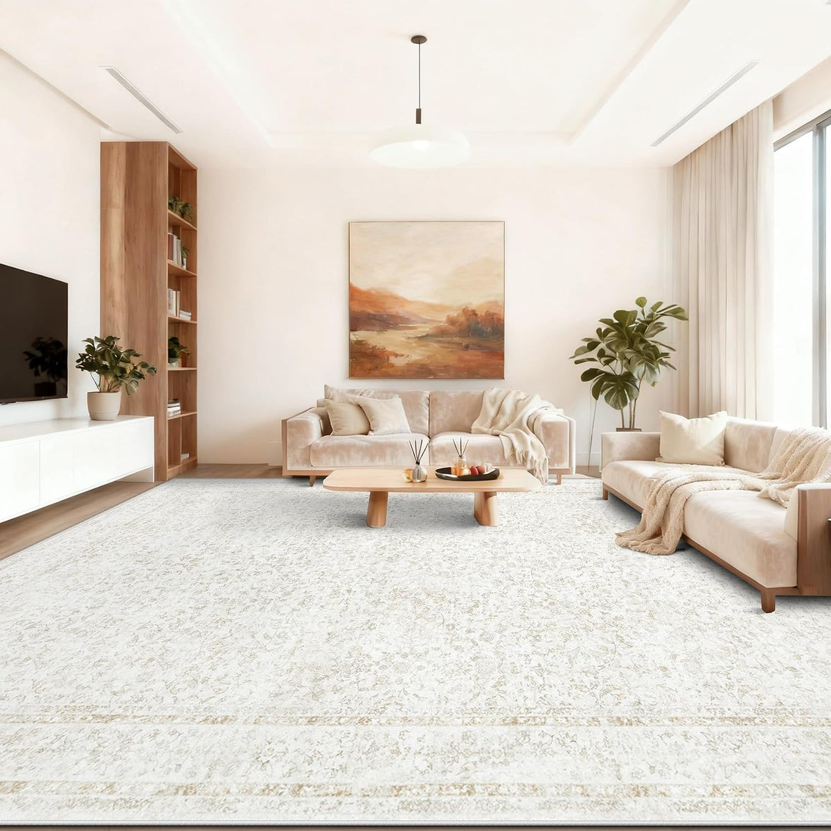 10x14 Area Rugs for Living Room: Washable Large Vintage Floral Rug Low Pile Non-Slip Boho Carpet for Bedroom Home Office Dining Room (FloralBeige, 10'x14')