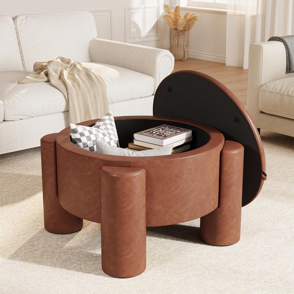 FiveWillowise 24 Inch Small Round Ottoman with Storage,Faux Leather