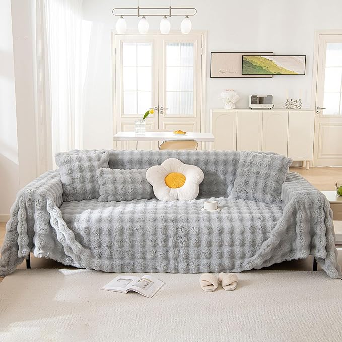 HANDONTIME Grey Plush Sofa Covers Washable Rabbit Plush Couch Cover Soft Cozy by HANDONTIME