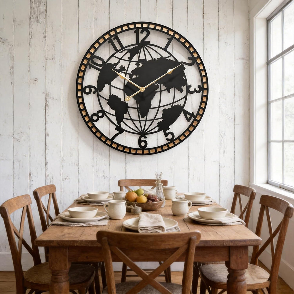 Large World Map Wall Clock 24 Inch,Non-Ticking Metal Decorative Wall Clock, S...