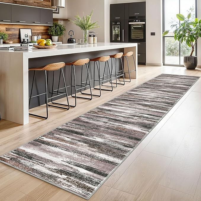 Lansny Modern Abstract Runner Rug 2.6x14, Dark Light Brown White Washable Long - Image 2