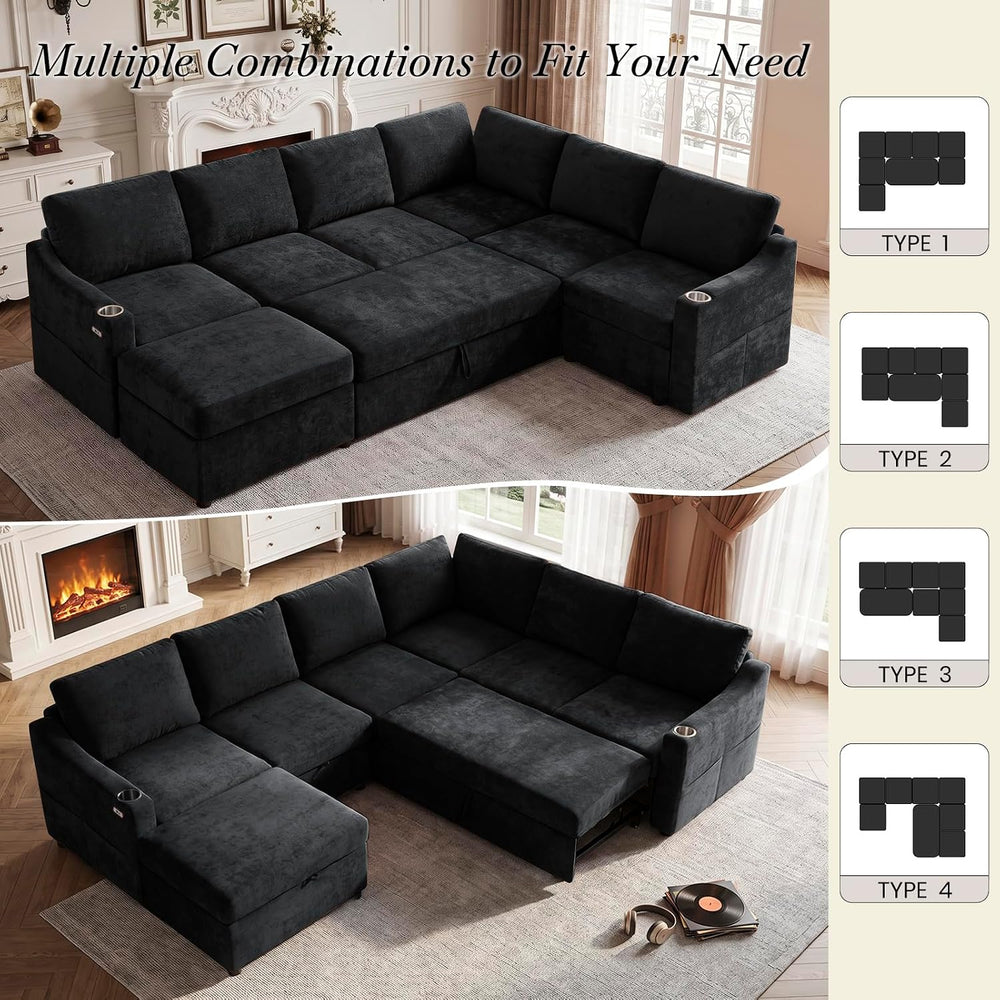 116" Chenille Modular Sofa Bed w/Adjustable Backrests, Black