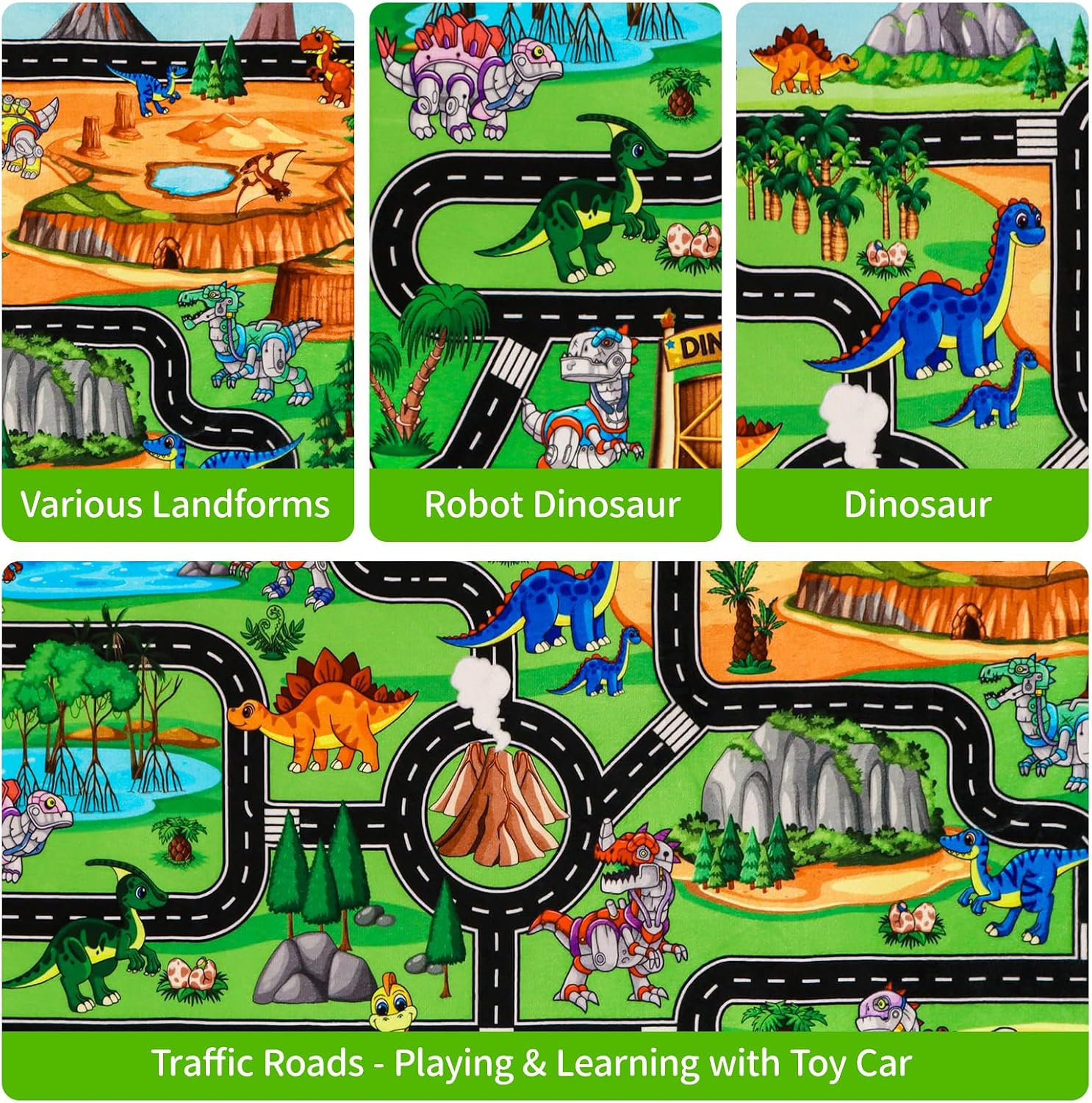 Kids Dinosaur Rug for Playroom 59" x 39.4", Dino Road Play Mat with Car Tracks, Educational Toddler Play Rug for Boys Bedroom, Robot Dinosaur Park Carpet for Toy Cars, Nursery, Classroom