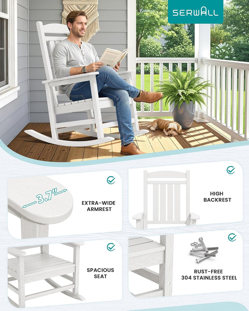 SERWALL Oversized Outdoor Rocking Chairs Set of 2, Oversized HDPE Porch Rocke...