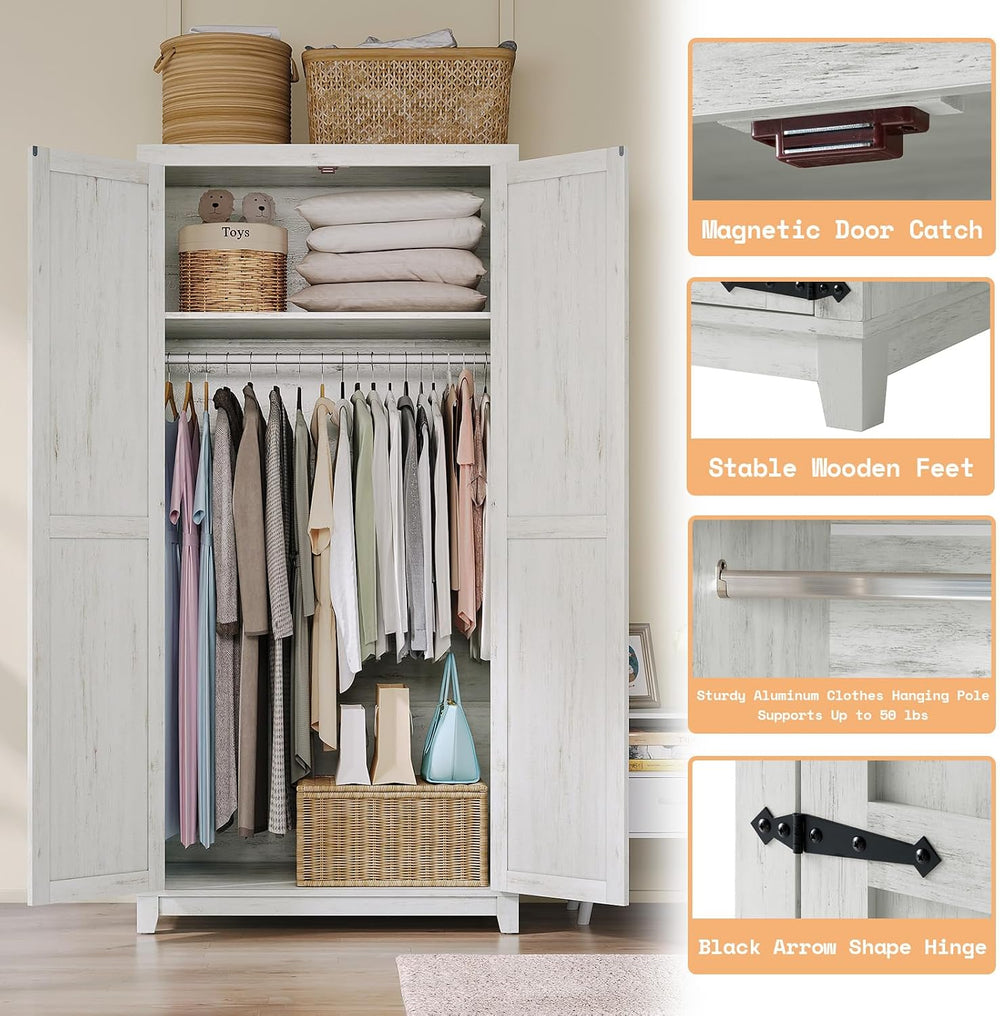 LUXOAK 70" Large Armoire Wardrobe Closet with Hanging Rod, Farmhouse Clo...