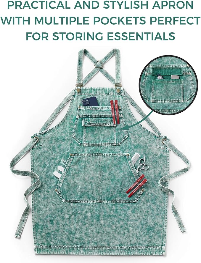 Denim Apron with Pockets for Hair Stylist Gardening Craftsmen Barista Women