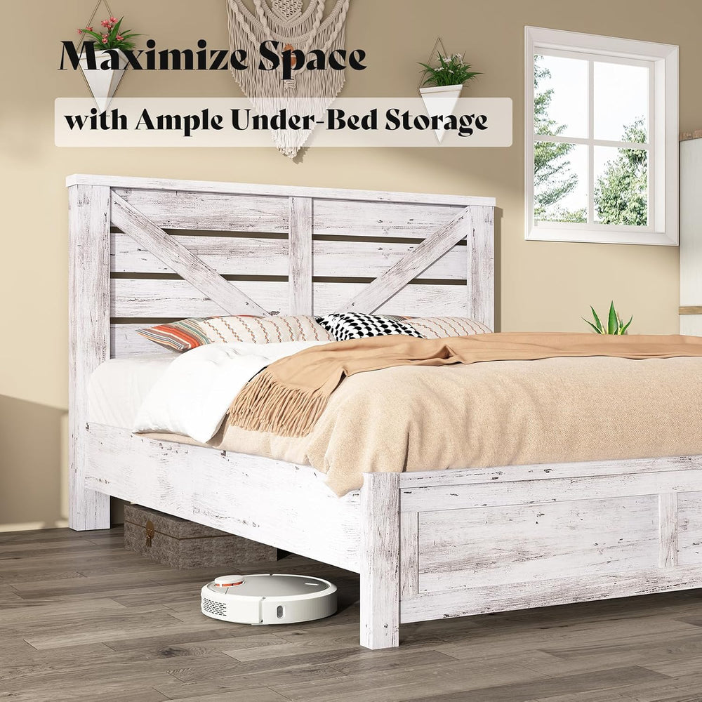 AMERLIFE Farmhouse Full Bed Frame with 49.2" Barn Door Headboard, White