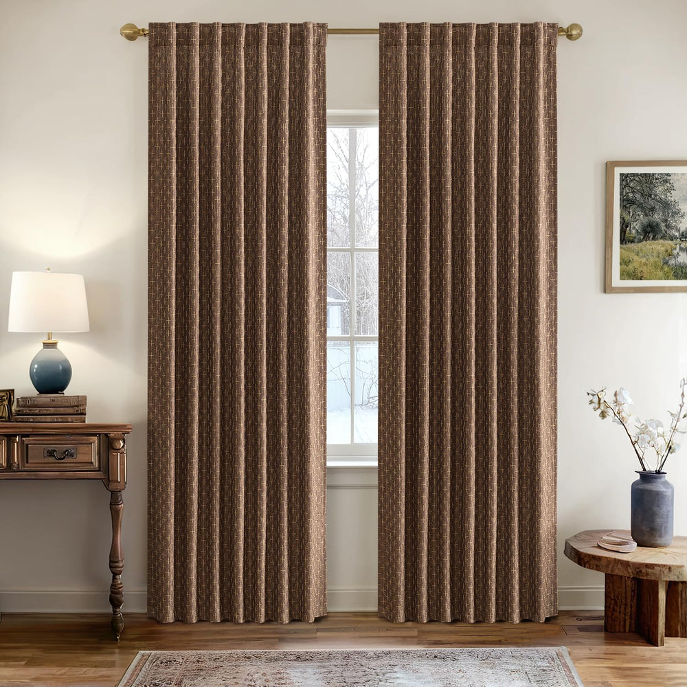 MIULEE Patterned Farmhouse Linen Curtains, Back Tab, 52Wx84L, Dark Coffee