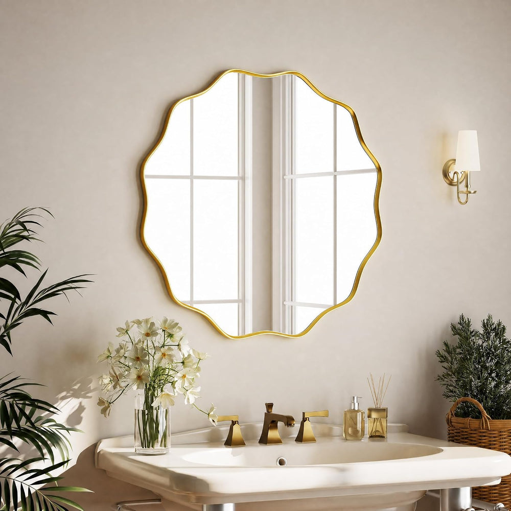 Gold Scalloped Circle Mirror, 24" Wavy Edge Round Wall Mirror