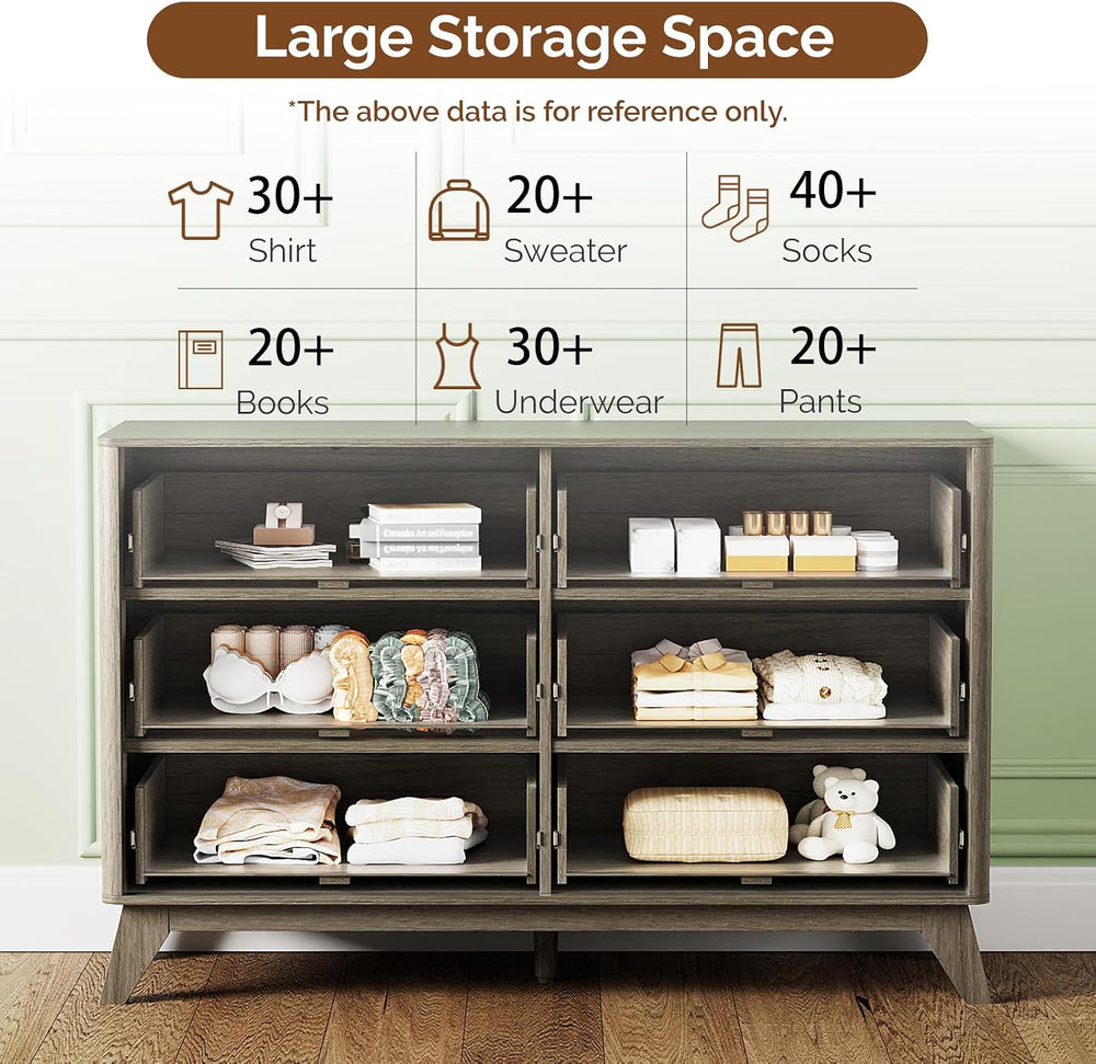 VINGLI Fluted Grey Dresser 6 Drawer Gray Dresser with Rounded Edges, Grey Dre...