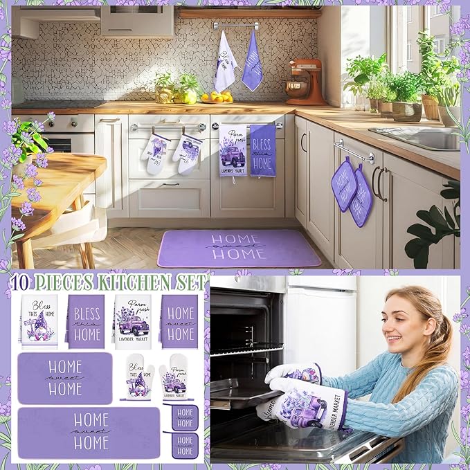 Fourluoo 10 Pcs Lavender Kitchen Decor Set Lavender Kitchen Towels Rugs Oven - Image 7
