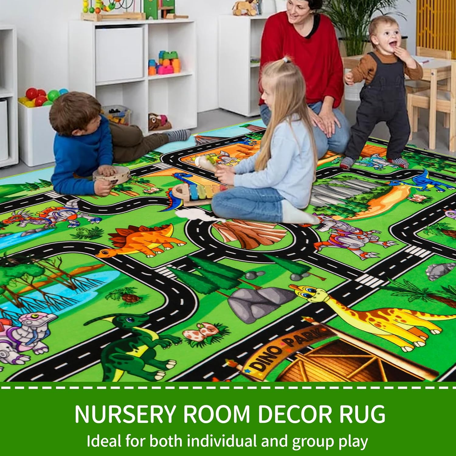 Kids Dinosaur Rug for Playroom 59" x 39.4", Dino Road Play Mat with Car Tracks, Educational Toddler Play Rug for Boys Bedroom, Robot Dinosaur Park Carpet for Toy Cars, Nursery, Classroom