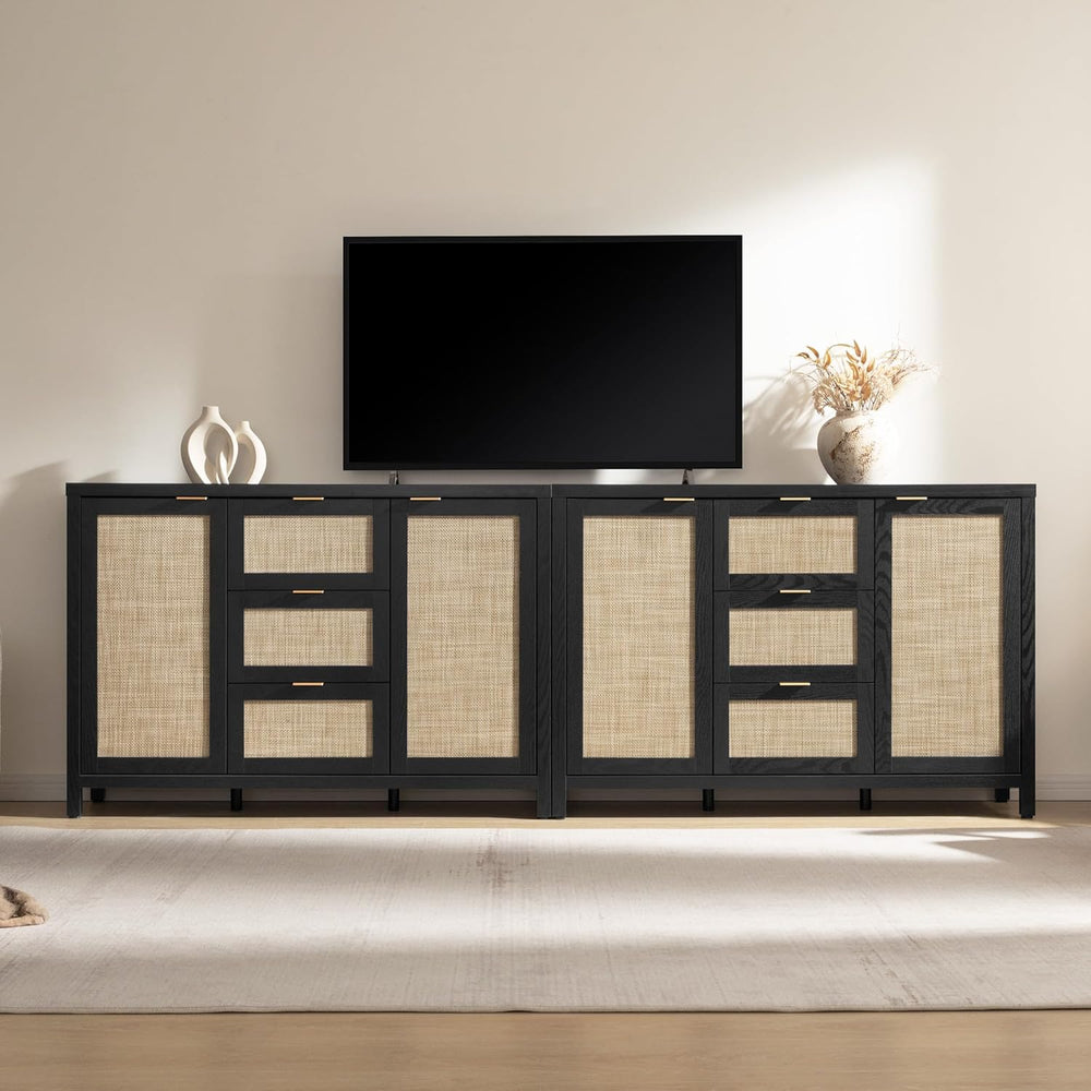 SICOTAS Rattan Large Sideboard Buffet Cabinet with Storage - Farmhouse Boho C...
