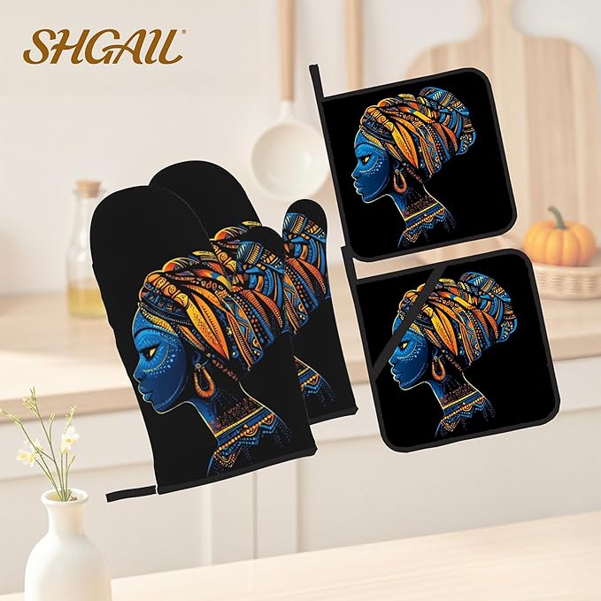 Black Women Oven Mitts & Potholder Set of 4 - Image 2