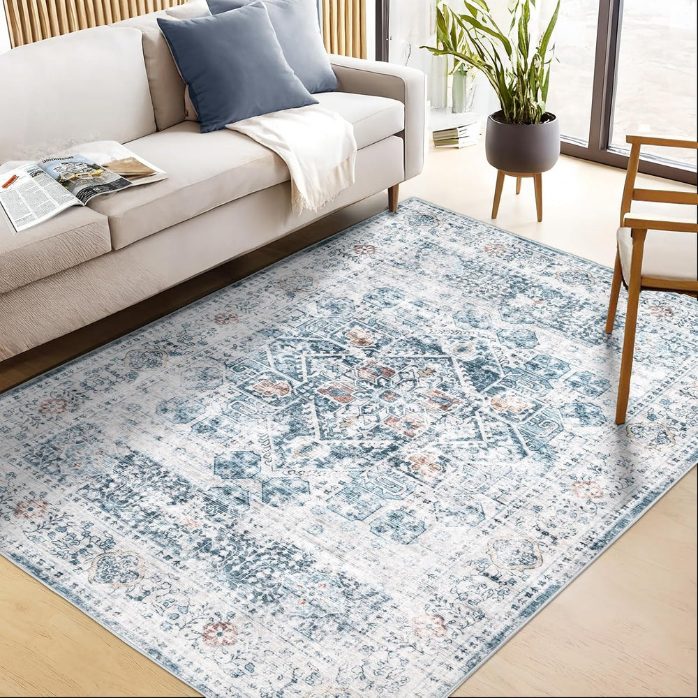 Area Rugs 8×10 Washable Rug for Bedroom White Blue