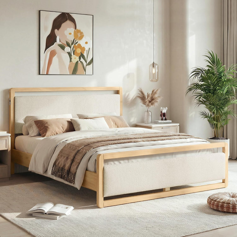 KISLOT Queen Wood Platform Bed Frame with Boucle Upholstered Headboard, Mid-C...