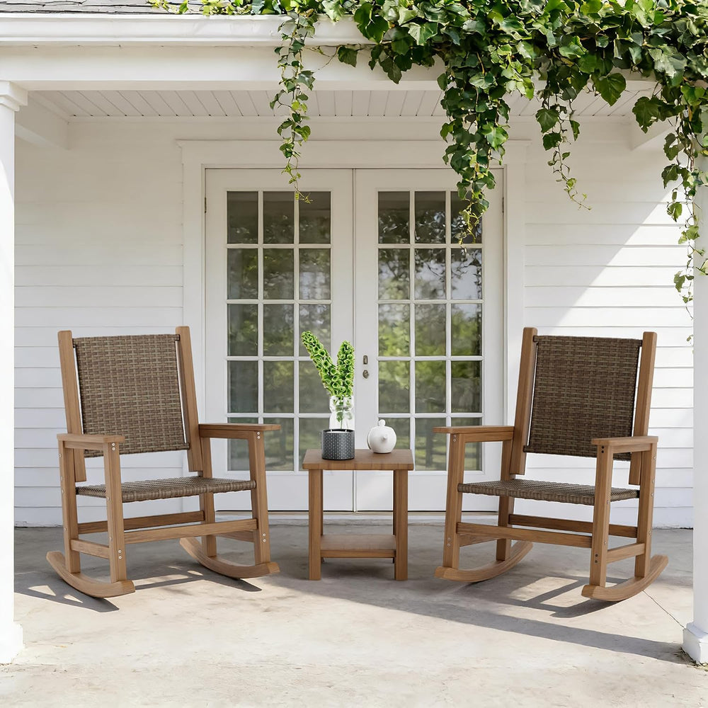 HDPE Outdoor Rocking Chair, All-Weather Wicker Porch Rocker, Brown