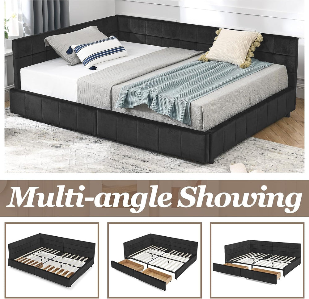 Velvet Corner Bed Frame Full, Upholstered Corner Daybed with Drawers, Full Si...