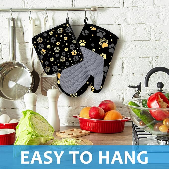 Gold Dog Paw Print Oven Mitts and Pot Holders Sets Heat Resistant 4Pcs - Image 4