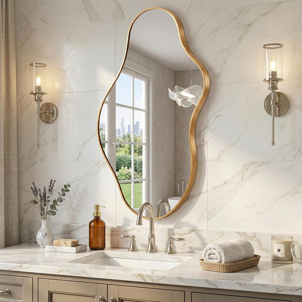 Irregular Wall Mirror, 20"x36" Gold Abstract Asymmetrical Mirrors f...