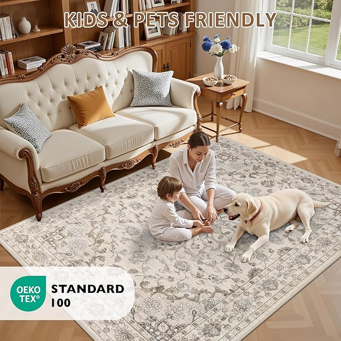 6x9 Area Rugs Living Room Rug: Washable Vintage Distressed Floral Rug No Slip - Image 9
