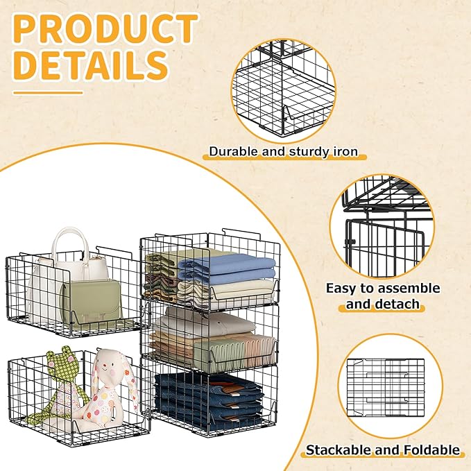Jakyitvi 5-Tier Stackable Closet Organizer Shelf – Foldable Metal Storage Bins