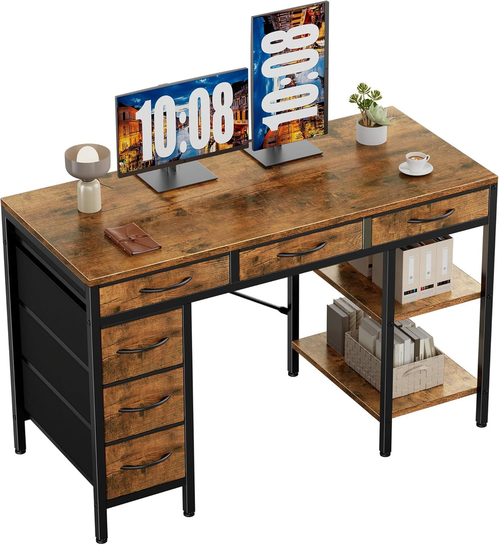 Sweetcrispy 47" Computer Desk with 6 Fabric Drawers & Storage Shelve...