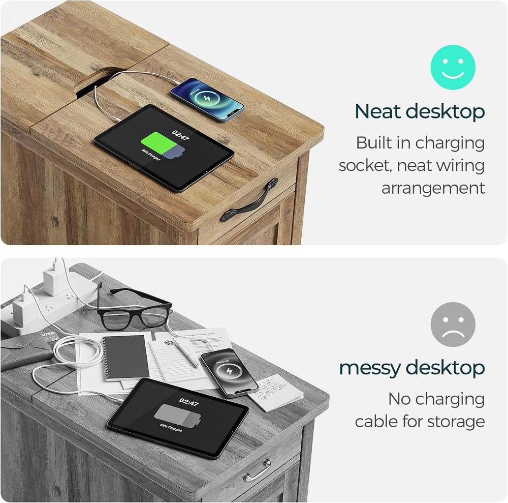 LINSY HOME Charging End Table with USB Ports, Wooden Door, Brown