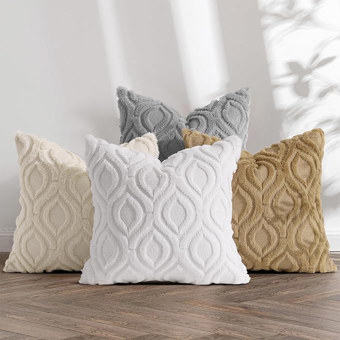 decorUhome Throw Pillow Covers 20x20 Inch Set of 2, Soft Plush Faux Wool Beige - Image 8