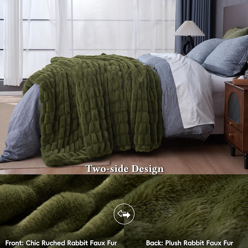 David's Home Double-Sided Faux Rabbit Fur Ruched Throw Blanket, Winter Moss