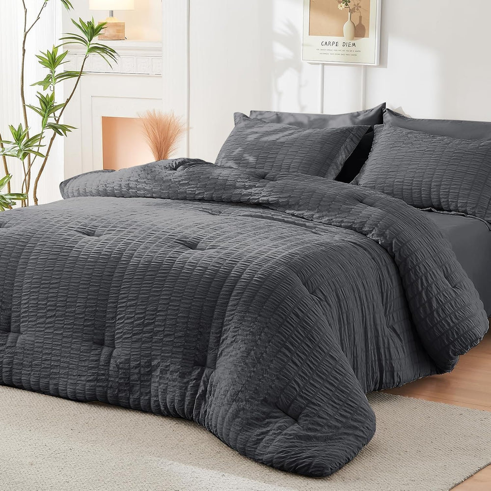Queen Comforter Set - 7PCS Bed in a Bag, Seersucker Bedding Set, Dark Grey