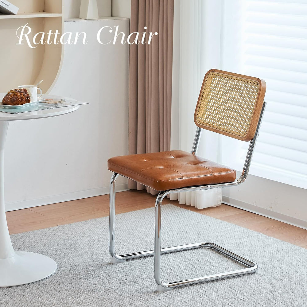 Rattan Cantilever Dining Chair, Single Modern Armless Chair with Chrome Steel...